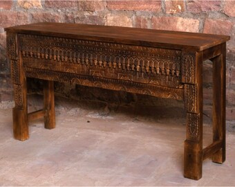 Accent Hall Console Table, Beautiful Floral Carving Sofa Table, Vintage Distressed Solid Wooden RUSTIC FARMHOUSE Decor