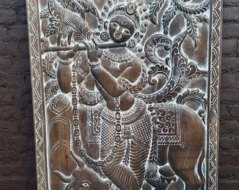 Vintage Carved Door Panel, Krishna Playing Flute with His Cow Panel, Rustic Wall Sculpture Art, Custom Barn Door