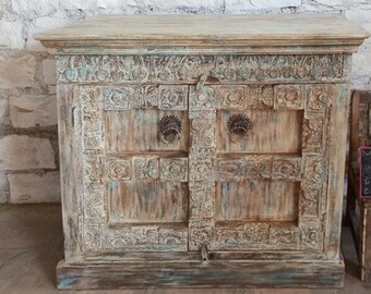 Antique White Solid Wood Vanity Chest, Distressed Ranch Style Credenza Wooden Buffet Cabinet, Rustic Country Nightstand, TV Credenza, 38x36