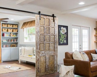 Vintage Barn Door, Rustic Carved Design, Single Barndoor, Handcarved Doors, Sliding Door, Beach Farmhouse Decor 80x36