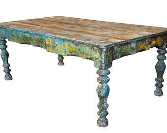 Rustic Blue Floral Painted Table, Tall Takht Coffee Table, Carved coffee table, Farmhouse Accent Table, Mid Century Modern Coffee Table