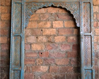 Antique BLUE Cusped Arch, Archway, Old World Mediterranean Inspired Architectural Arch, HUGE Floor Mirror, Columns, Carved Reclaimed WOOD