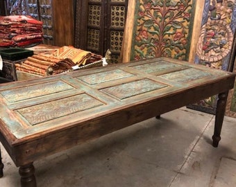 Carved Antique Door Repurposed Coffee Table, Indian Old Door,| Rustic Door Center Table, Teak Wood Table, Farmhouse Country Cocktail Table