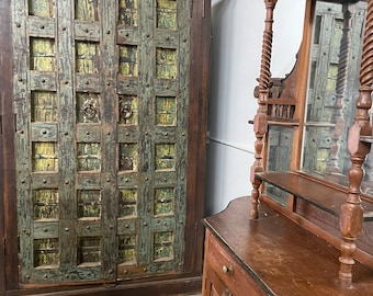 Rustic Vintage Armoire, Wardrobe, Bookcase, Display Cabinet, Reclaimed Wood, Farmhouse, Storage Sunrays Hand-carved Tall Wardrobe