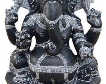 PRE ORDER-Natural Stone Ganesha Garden Statue Handcarved Black Granite Stone Garden Temple Decor Sculpture