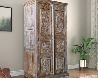 Rustic Vintage Armoire, Whitewashed Wardrobe Cabinet, Reclaimed Wood, Farmhouse, Hand-carved Tall Storage Chest 82x47