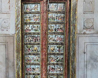 Antique Indian Painted Door, Distressed Blue Garden Doors, Wall Art, Exterior Doors, Farmhouse, Unique Eclectic Country, 69.5x38.5