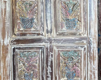 Brass Studs Carved Barn Door, Floral Door, Colorful Barndoor, Handcarved Sliding Door, CUSTOM Size, Boho Vintage Solid Wood Closet Door, 80