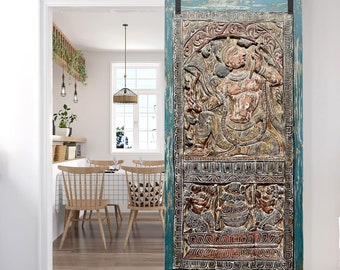 Bold Maximalist Indian Carved Sliding Barn Door, Carved Door, Vintage Wood Barn Door, Temple Door, Rama & Bow Door 84x40