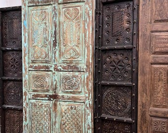 Spanish Style Statement Door, Carved Barn Door Panel, Distressed Green Vintage Paneled Door, Bedroom Door, Reclaimed wood Tall Door, 96