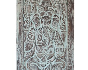 Bluewash Ganesha Handcarved Wall Decor, Ganesh Sliding Barn Door, Vintage India Carved Door, Yoga, Meditation, Custom Temple Decor 84x42