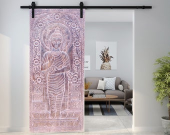 Vintage  Wall Art Hand Carved Wall Panels, Pink Hues Standing Buddha Abhaya Mudra Wall Art, Buddha Relief Panel, Barn Door Sculpture 84X36