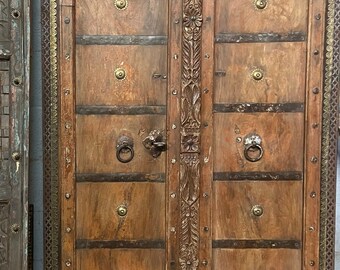 Antique Distressed Rustic Teak Brass Iron Barn Doors, Indian Door, Handcarved Original Patina Door Doors, Farmhouse Decor
