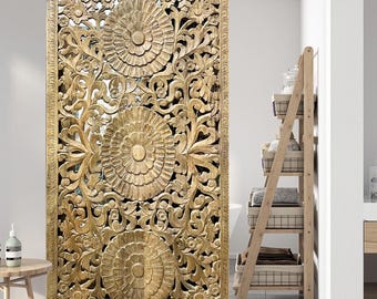 Hand Carved Door, Headboard, Barn Doors, Vintage Triple lotus Carved Lattice Barn Door, Sliding Door, Interior Door, Home Decor 80x36