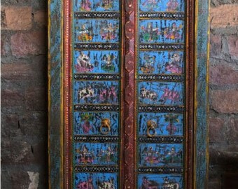 Antique Indian Painted Doors, Rustic India Door, Artistic Decor Elements, Radha Krishna Doors, Bohemian Eclectic Doors