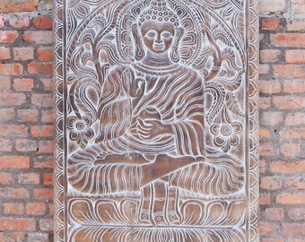 Budha Blessing Bowl Wall Art, Vintage wood Hand Carved Door Panel, Buddha Relief Panel, Barn Door Sculpture