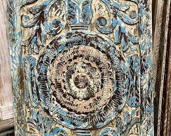 Vintage Door Headboard, Bedroom Barndoor, Lotus Mandala Carved Barn Door, Hand Carved Wood Custom, Farmhouse Resort Design 80X36