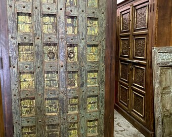 Huge Vintage Carved Solid Wood Armoire Transitional Green Detail Bedroom Closet | Unique Indian Artisan Wardrobe