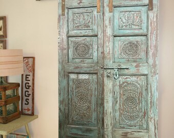 Antique Green Barn Doors, Pair Hand-Carved Doors, Bedroom Door, Vintage Indian Door, Interior Exterior Doors, Rustic Country Door, 80x42