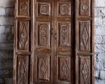 Whitewash Carved Statement Door, Rustic Teak Door, Vintage Indian door, Antique Indian door, Teak wood door, Vintage Farmhouse Decor 84x59