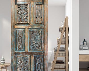 Doors with a Soul, Hand Carved, Vintage Blue Barn Door Sliding Door Bedroom , CUSTOM Door 80x36