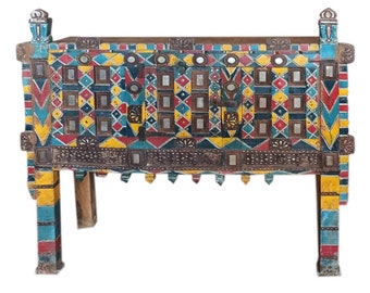 Beautiful Traditional Damchiya Chest Cabinet with Colourful Paintings, Pieces of Mirror,Console Accent HALL Table