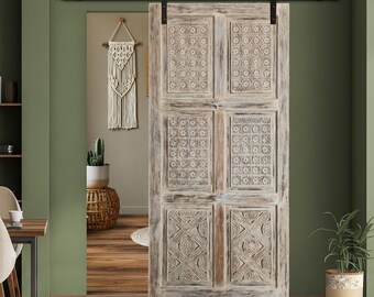 Nature Carved Sliding Barn Door, Vintage Wood Door, Custom Door, Library, Studio, Bedroom Doors, Large Doors, Earthy, Artistic Design 96x48