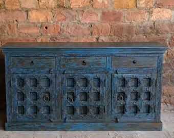 Rustic Old Door Sideboard, Blue Patina Credenza Buffet, Old World Sideboard, Media Chest, Farmhouse Cabinet Storage