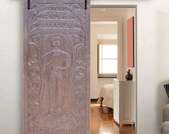 Buddha Wall Panel, Vintage Standing Buddha Abhaya Mudra Wall Art, Hand Carved Wall Sculpture, Barn Door, Yoga Room Decor 84X36