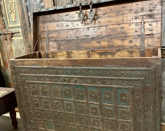 Antique Indian Hope Chest, Iron Cladded Tribal Trunk, Completely Handmade Storage, Distressed Blue Dowry Chest, Blanket Box