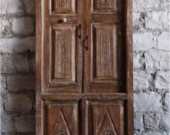 Antique Indian Carved Teak Wood Door, Whitewash, Handcarved Original Vintage Jaipur Doors, Farmhouse Syle Doors, 84x31