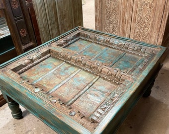 Rustic Farmhouse Blue Table, Antique Door Coffee Table, Teak Wood Patio Table, Ranch Country Accent Table, Unique Eclectic, 43x36