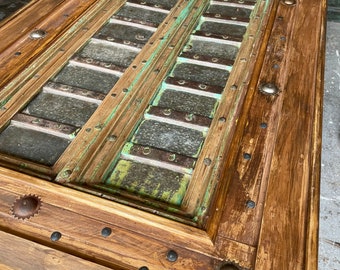 Antique Carved Door Repurposed Coffee Table, Rustic Brass Accents Center Table, Detailed Asian Indian Table, Farmhouse Country Distressed