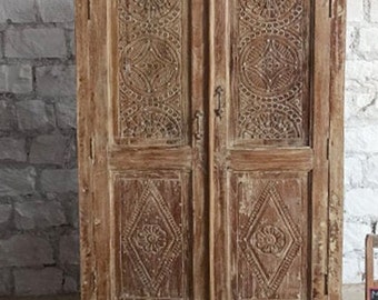 Antique Whitewash Armoire with drawers, Mahal Vintage Carved Cabinet, Old teak cabinet, Bedroom storage, Resort Home Decor NEW SHIPMENT 77