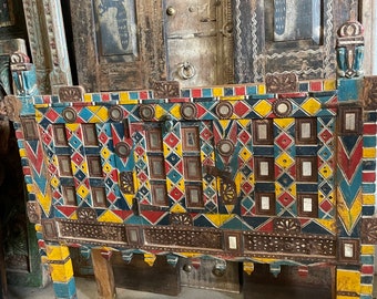 Banjara Indian Antique Traditional Damchiya, Chest, Colorful Mirrors, Eclectic Console Accent HALL Table, Organic Interior