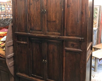 Antique Rustic Armoire With Shelves, Farmhouse Storage Armoire, Artisan Crafted Cabinet with Drawers, Handcarved Boho Living Room Armoire