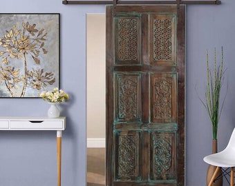 Vintage Blue Carved Barn Door, Paneled Door, Bedroom Door, Studio, Reclaimed wood Door, Lattice Jali Statement Door 80x36