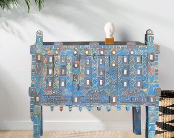 Vintage Blue Hope Chest, Indian Damchiya,  Solid Reclaimed Wood Console, Boho Chest with Mirrors, Hall Table, Entryway Table, 46x38