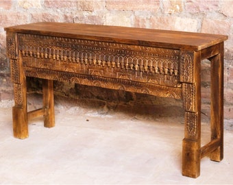 Carved Reclaimed Wood Accent Table, Console Table, Vintage Wood Sofa Table, TV Console Table, Unique Eclectic, 59x31
