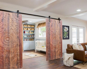 Artistic Barn Doors, Vintage Barn Door, Thousand Petaled Lotus Carving Door Panel, Sliding Door, Rustic Wall Art, Yoga Interior Design 80