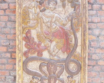 Vintage Carved Door Panel, Krishna Dance on Snake Barn Panel, Artistic Elements, Hand Carved Wall Sculpture Panel 84x36