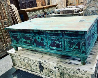 Antique Indian Pitara Coffee Table, Old Hope Chest, Blanket Box, Vintage Trunk Coffee Table, Rustic Boho Eclectic Home 52x23