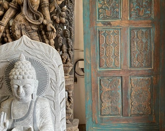 Vintage Blue Carved Sliding Barn Doors, Rustic Farmhouse Barndoor, Nature Carved BarnDoor, Reclaimed Carved Wood, Unique Eclectic 93x43.5