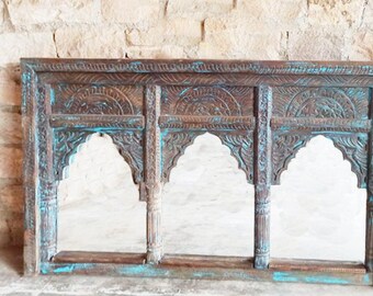 Indian Jharokha Mirror, Triple Arch Mirror, Handcarved Mirror, Blue Distressed Rustic Vintage Inspired Carved Indian Wall Mirror