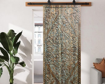 Natures Harmony Carved Barn Door, Blue Lotus Garden Wood Sliding Barndoor, Boho Eclectic Vintage Carved Door, Rustic Modern Farmhouse 96x42