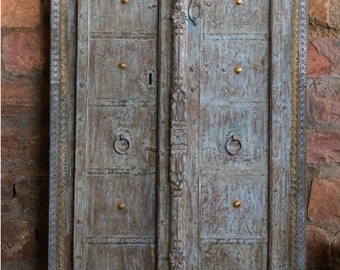 Elegant Haveli Antique Indian Doors, Indian Rustic Blue Doors With Brass Detailing Unique Architecture Garden Door 19c