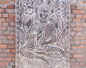 Buddha Blessing Bowl Wall Art, Vintage Hand Carved Door Panel, Buddha Wall Hangings, Buddha Relief Panel, Barn Door Sculpture 84