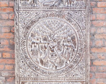 Krishna Playing Flute With Gopis Wall Panel CARVED Wood CUSTOM BARN Door, Wall Art, Wall Sculpture Door Panel 84x36