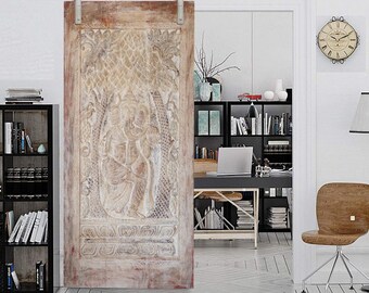 Vintage Ivory Wash Ganesha Wall Sculpture, Custom Size, Kalpavriksha Ganesh Barn Door, Carved Indian Door, Ganesh Wall Sculpture Art 83x36