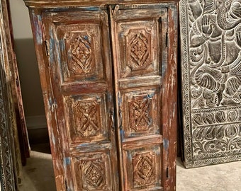 Vintage Indian Artisan Colonial Cabinet, Rustic Carved Blue Hues Armoire, Reclaimed Wood Storage Cupboard